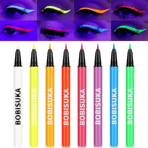BOBISUKA UV Neon Liquid Eyeliner Set - 8 Matte Waterproof Colors for Vibrant Eye Makeup