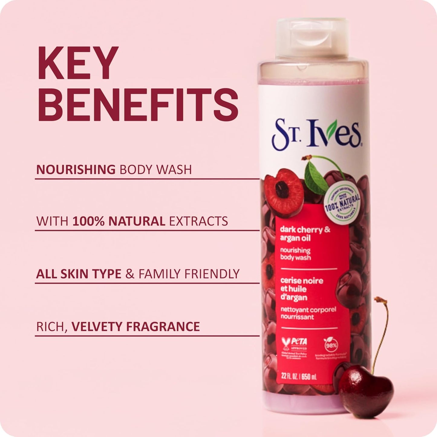 St. Ives Body Wash - Nourishing Dark Cherry & Argan Oil Formula | 100% Natural Extracts, 22oz
