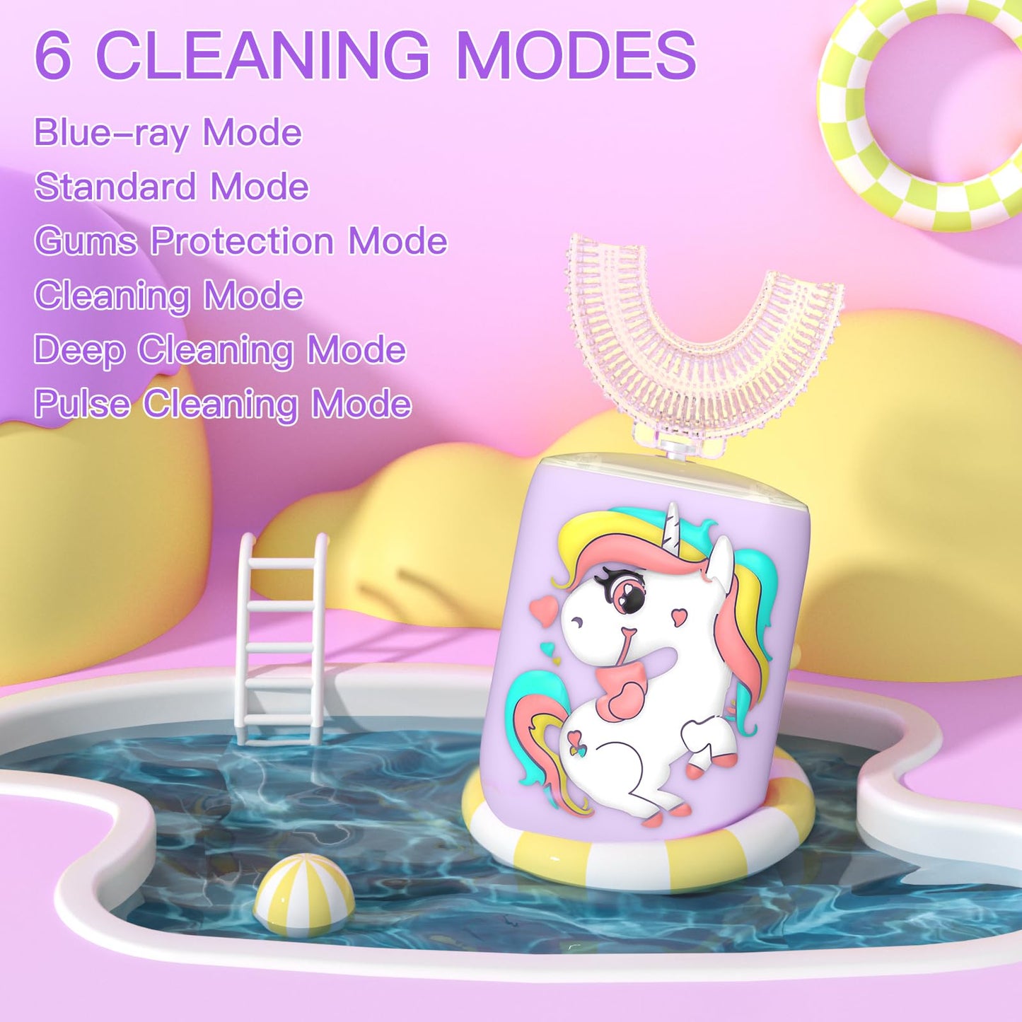JEDURE Kids Electric Toothbrush U Shaped Toddler Auto Sonic Toothbrushes with 4 Brush Head,Cartoon Unicorn Ultrasonic Toothbrushes for Children 2-12 Years, Full Mouth Cleaning
