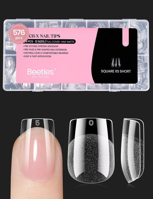 Beetles Short Square Nail Tips: 576PCS 12 Sizes XS Short Square Half Matte Clear False Acrylic Press on Nails Tips Pre-shape Full Cover Nail Tips Nail Extension DIY