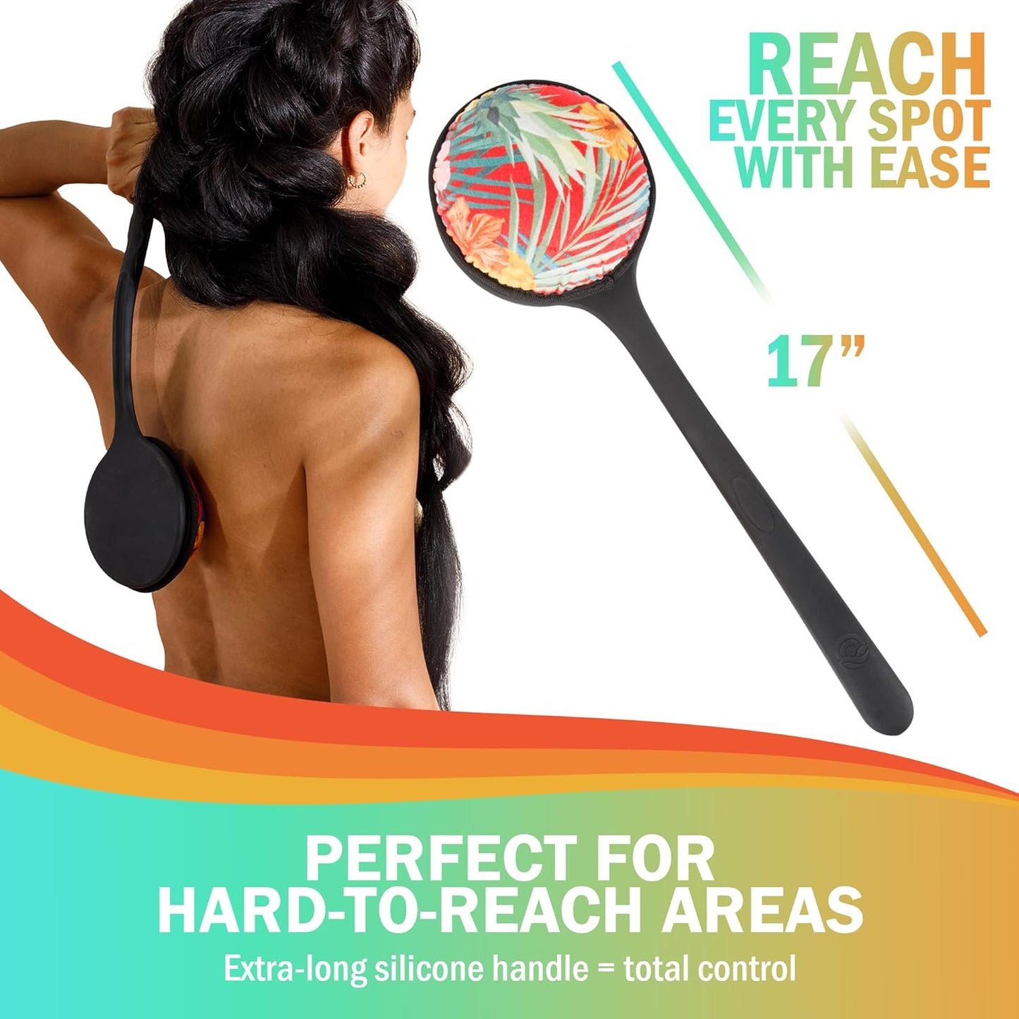 Skiennix Self Tanning Lotion Applicator - 17" Ergonomic Silicone Handle for Easy Back Application | Includes Exfoliating Pad