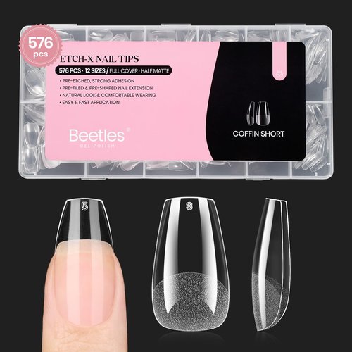 Beetles Gel Nail Tips Short Coffin 576 PCS Half Matte Pre-shape Short Fake Nails 12 Sizes Full Cover Acrylic False Nails Extension DIY Manicure Gifts for Women