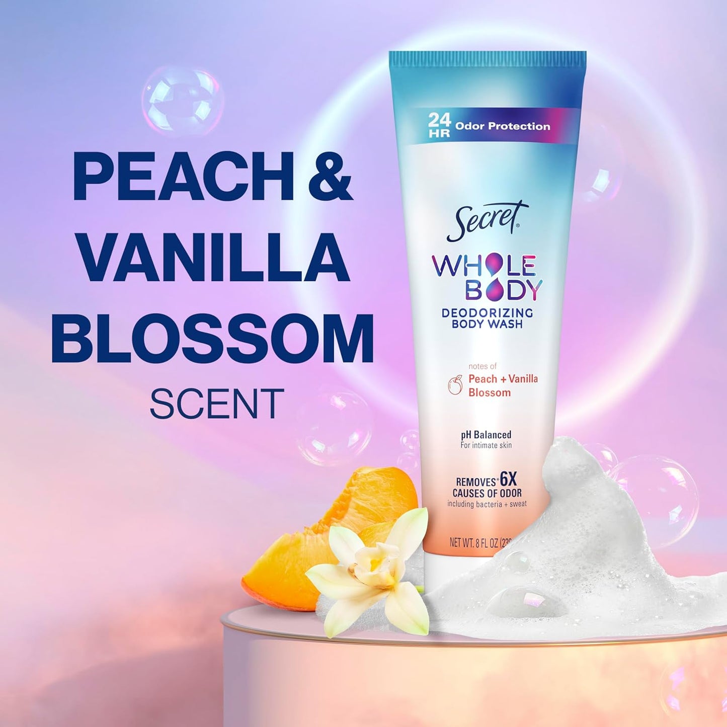 Secret Feminine Wash - 24 HR Deodorizing Body Wash for Women | PH Balanced, Peach & Vanilla Blossom, 8 oz