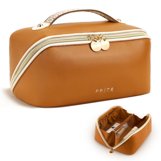 Prite Travel Cosmetic Bag Makeup Organizer Bag For Women Large Capacity Waterproof PU Leather Toiletry Bag with Jacquard Ribbon Handle and Clear Divider(New Brown)