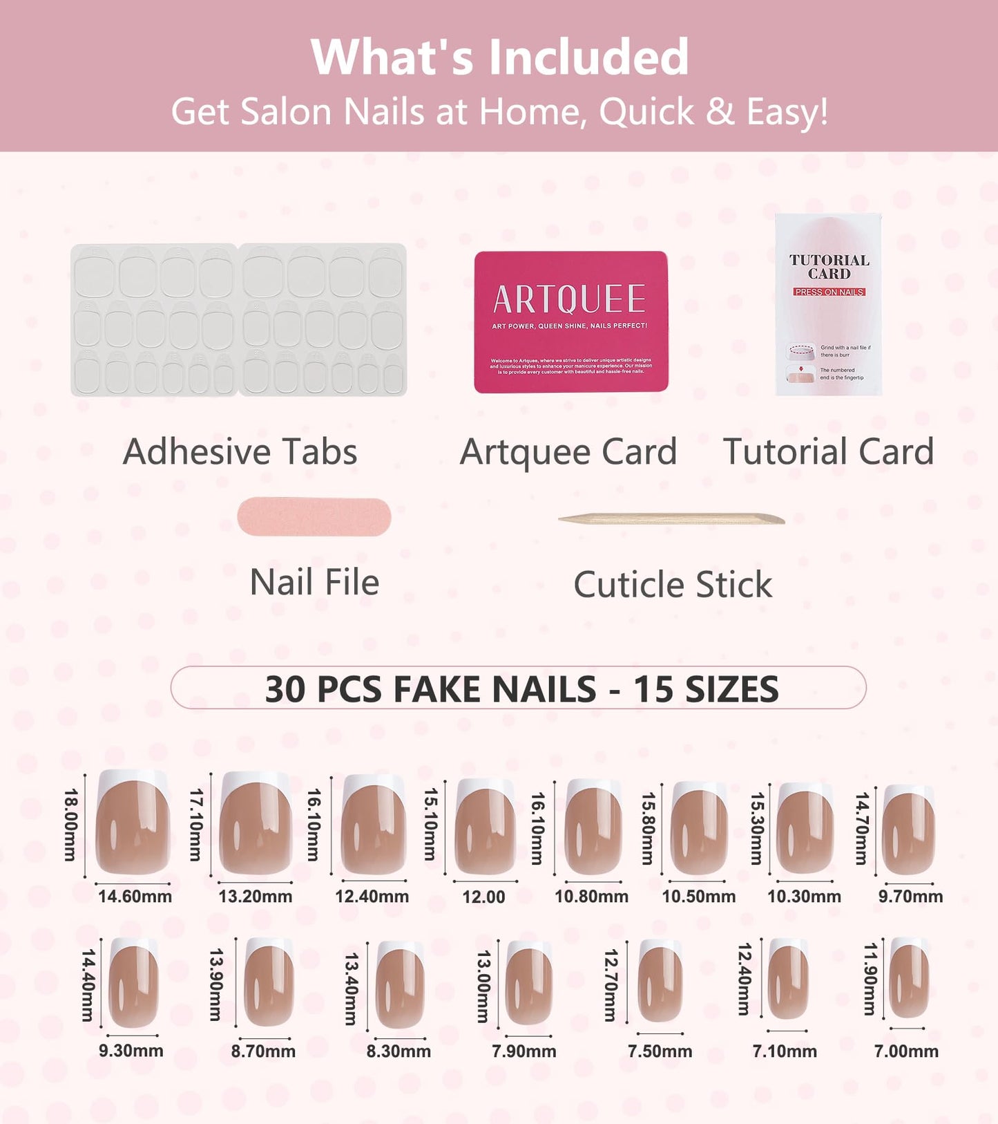 Artquee Press on Nails Short Soft Nude Square False Tips Glossy Reusable Fake Stick on Nails Kit for Women - 30 PCS 15 Sizes