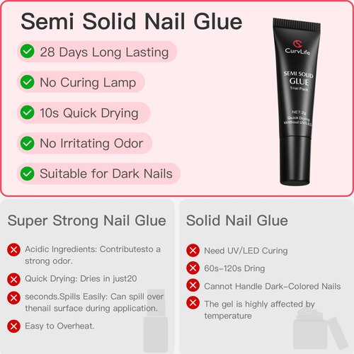 CurvLife Nail Tips Semi Solid Nail Glue 2g (5pcs) - Super Strong, Soft Glue Gel Quick Drying Adhesive for Press On Nails, No UV Light Needed