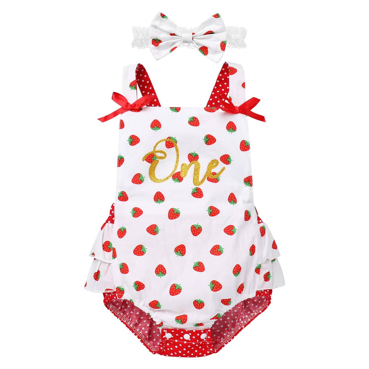 Infant Newborn Baby Girl Romper Toddler First Birthday Cake Smash Outfits Strawberry Polk Dot Print Bubble Romper Photography Outfits Easter First Communion Onesie Red-Strawberry (2PCS) 12-18 Months