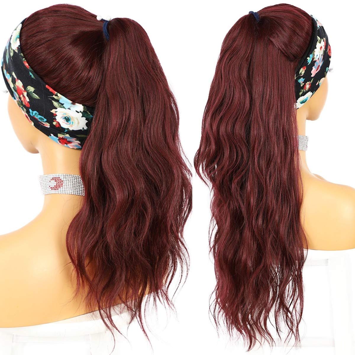 SAPPHIREWIGS Loose Body Wavy Glueless Headband Wig Synthetic Hair Wigs for Black Women Wave None Lace Front Wigs Burgundy Red Color Machine Made Wigs 150% Density 26inch