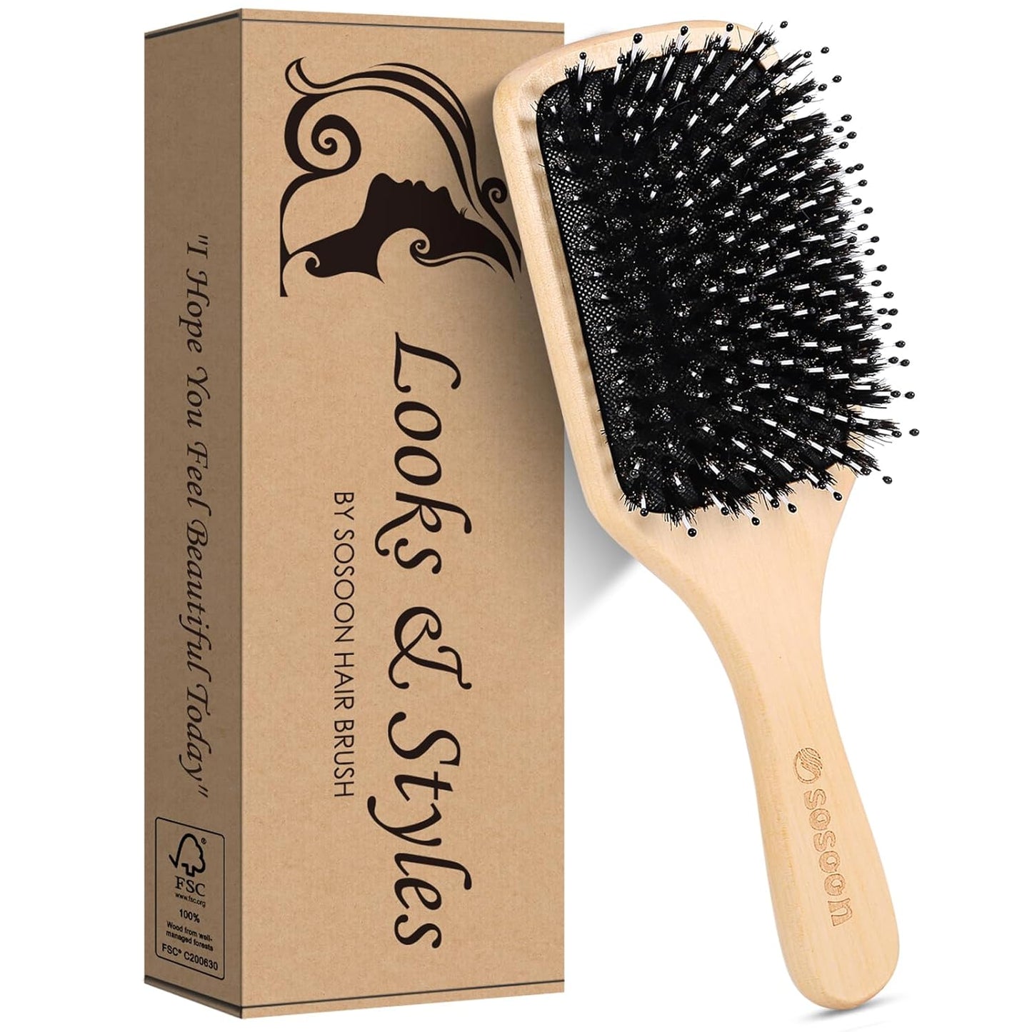 Sosoon Boar Bristle Paddle Hairbrush - Tangle-Free Styling for All Hair Types | Gift Box & Tail Comb Included