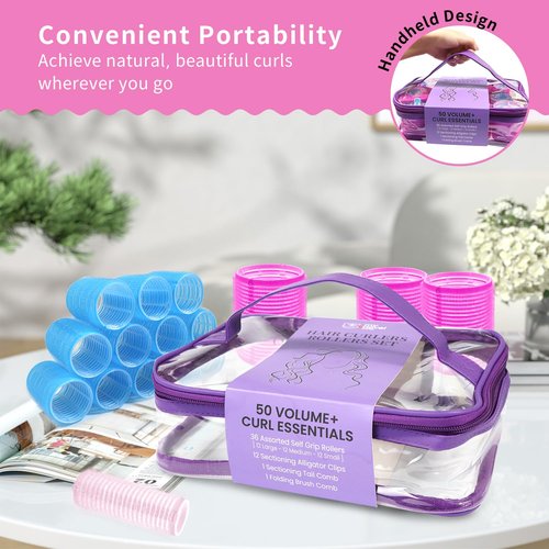 Hair Rollers Set by My Novel Things - 50PCS Volume Curlers with 12 Clips & 2 Combs | Perfect for Short to Long Hair
