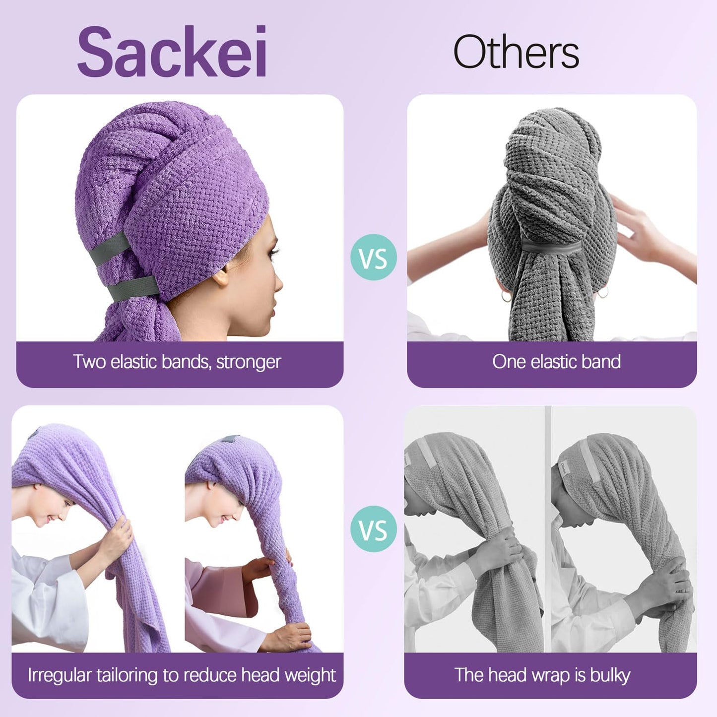 Sackei Large Microfiber Hair Towel Wrap 43.3" x 35.4" Soft Anti Frizz Hair Drying Towel with 2 Elastic Band, Super Absorbent Fast Dry Plopping Hair Turbans for Women Wet Long Curly Hair Purple