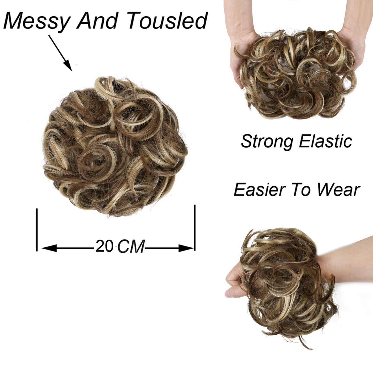 Elaine Big Messy Bun Extension Curly Hair Buns Hair Pieces for Women Synthetic Wavy Large Scrunchies Thick Updo Ponytail (Ash Blonde & Medium Golden Brown Mixed -#60)