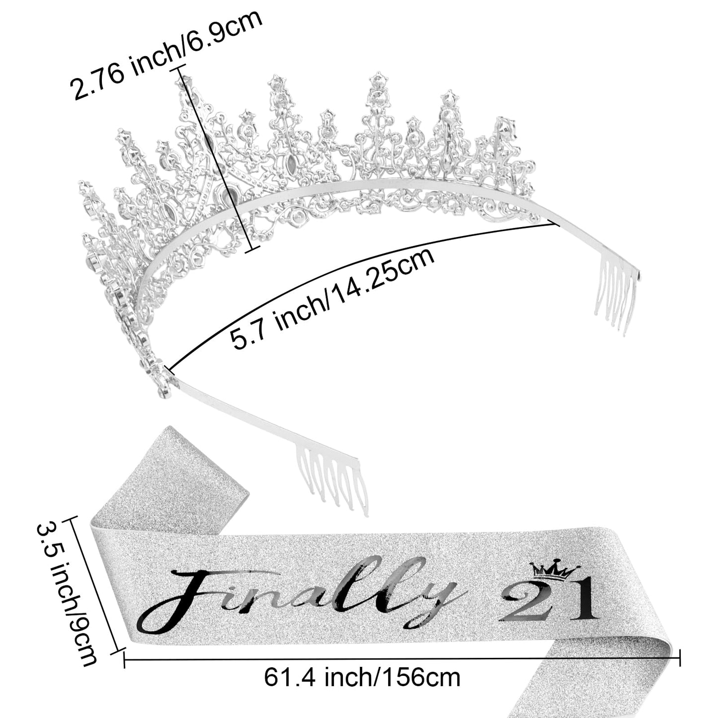 Canitor 21st Birthday Sash and Tiara Set 21st Sparkling Birthday Crown Dazzling Birthday Sash 21st Birthday Decorations 21st Birthday Gifts for Her Silver