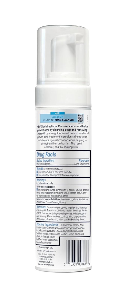 Dickinson’s Witch Hazel Acne Foam Cleanser - 2% Salicylic Acid & Niacinamide | Alcohol-Free, Gentle Daily Face Wash | 7 Fl Oz