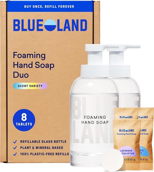 BLUELAND Hand Soap Duo - 2 Refillable Glass Foaming Dispensers with 8 Scented Refill Tablets | 8 x 9 Fl Oz