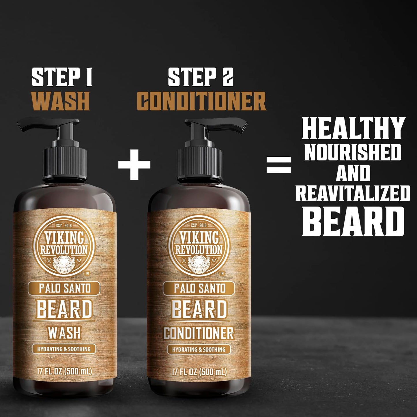 Viking Revolution Palo Santo Beard Wash and Beard Conditioner Set with Argan and Jojoba Oils - Softens and Strengthens - Natural Palo Santo Scent - Beard Shampoo with Ginseng Root Extract (17 oz)