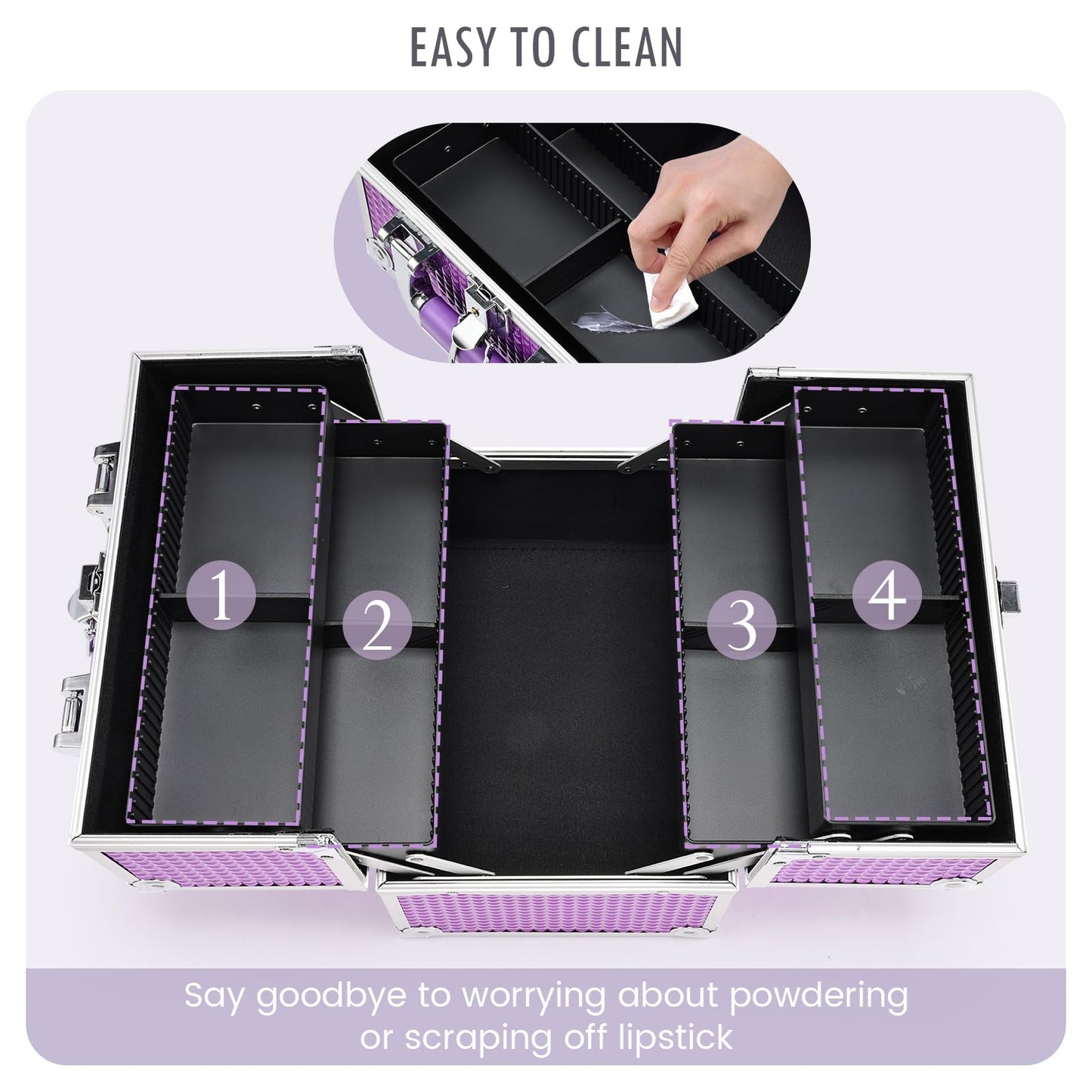 Frenessa Makeup Train Case Cosmetic Box Organizer Storage Portable 4 Trays Jewelry Storage Organizer with Lockable Dividers for Makeup Artist, Crafter, Makeup Tools Traveling Makeup Case Purple