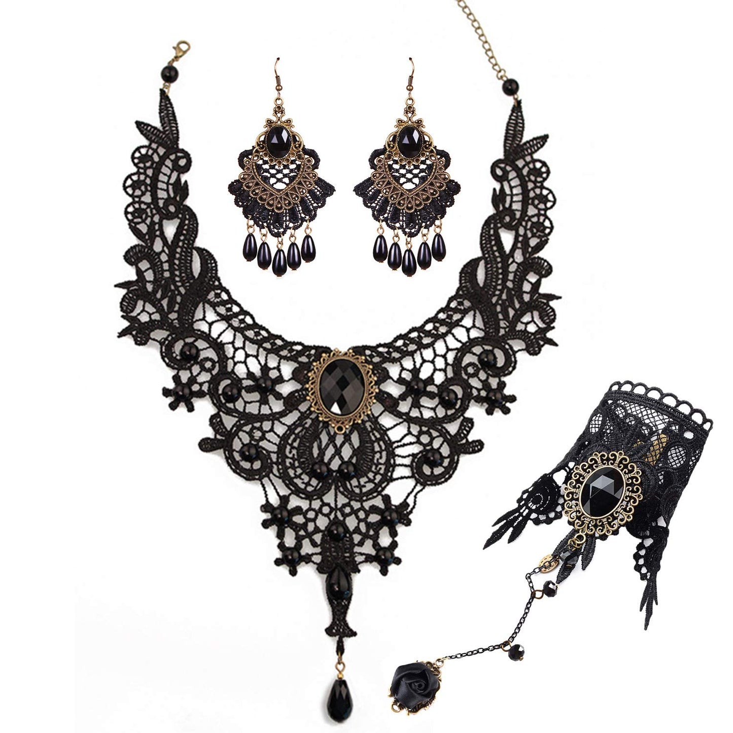 Plage Goth Necklaces Earrings Lace Bracelet Ring set for women Vintage Vampire Black Lace Choker Necklace Punk Rock Collar Gothic Necklace Halloween Party Cosplay (Necklace Bracelet earrings)