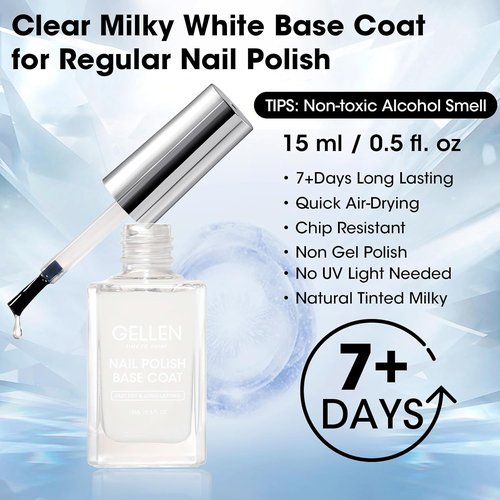 GELLEN Clear Nail Polish Base Coat - Sheer Milky White, Strengthens Nails & Enhances Natural Look