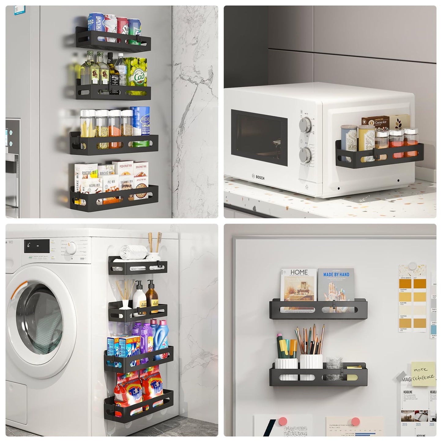 4 Pack Strong Magnetic Spice Rack for Refrigerator, Multipurpose Magnetic Shelf for Fridge with 4 Hooks for kitchen and Bathroom Organization, Black