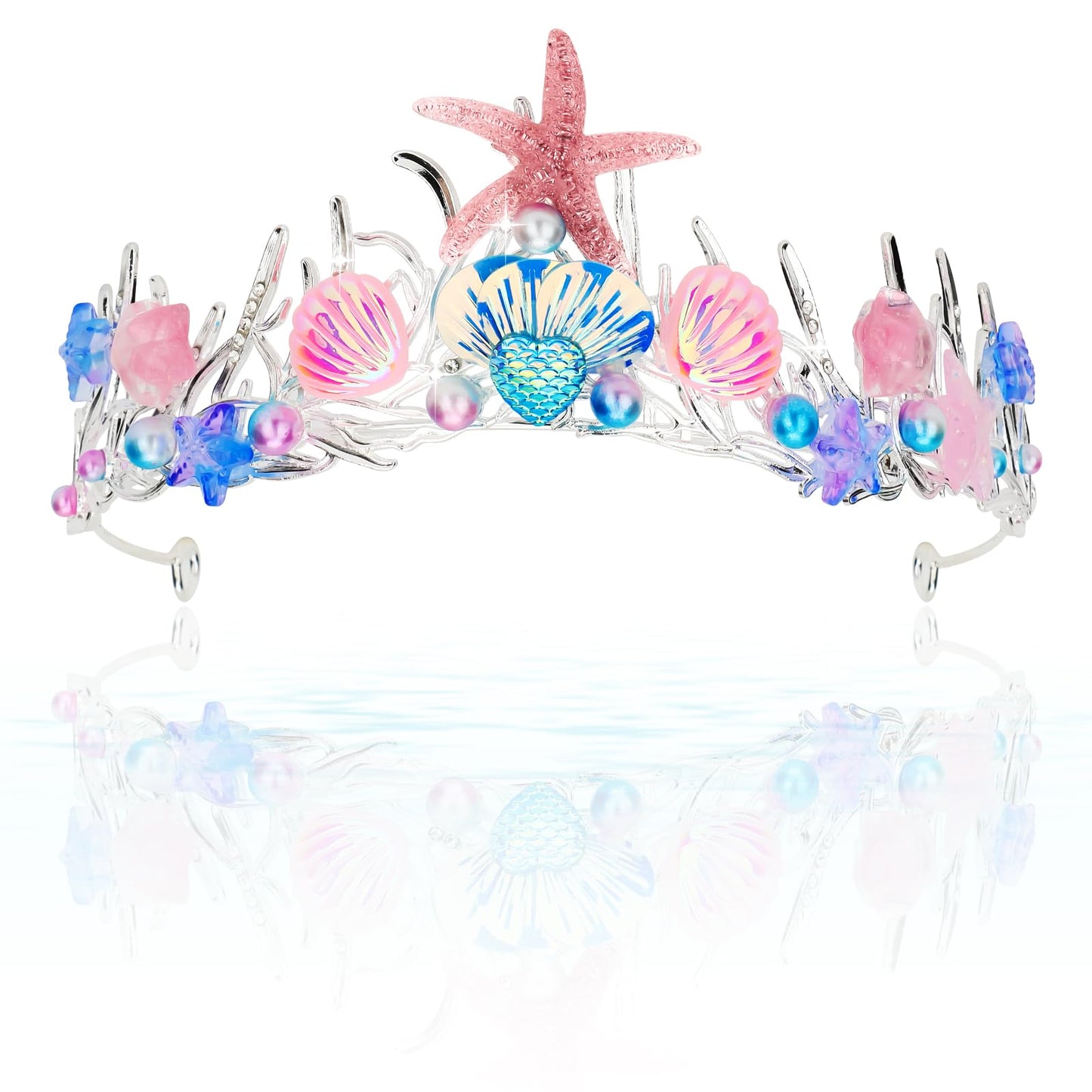 GAFATORY Mermaid Tiara for Women Pearl Mermaid Crown Adult Mermaid Headband Hair Accessories Costume women Mermaid Purple Blue Pink Tiaras Seashell Starfish Fish Tail