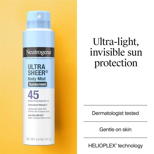 Neutrogena Ultra Sheer Sunscreen Spray - SPF 45 Body Mist for Lightweight, Non-Greasy Protection | 5 oz, Pack of 3