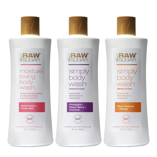 RAW SUGAR Body Wash Variety Trio - Vegan Bath & Shower Gel Set | 25 Fl Oz, No Sulfates or Parabens