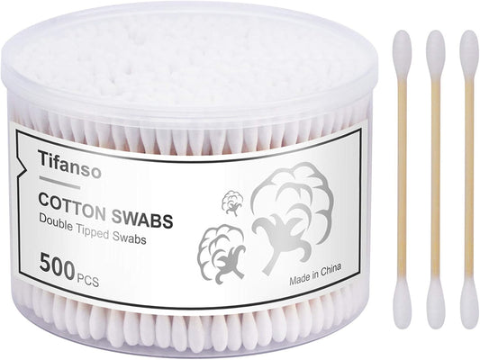 Tifanso Cotton Swabs - 500 Count Natural Double Round Wooden Tips | Cruelty-Free Ear Buds with Storage Box