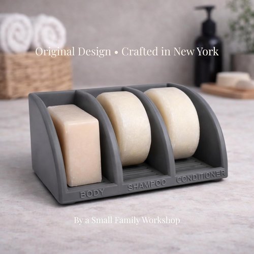 Essence & Abode Shampoo Bar Holder - 3-Slot Soap & Conditioner Organizer with Drainage | Modern Dark Gray Bathroom Storage