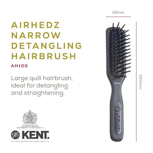 Kent AH10G Airhedz Pro Narrow Pin Hair Brush - Detangle Long, Thick & Curly Hair | Scalp Massager in Grey