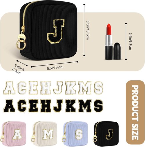 Regine Switzerland Personalized Black Corduroy Makeup Bag - Cute Monogrammed Travel Pouch (Letter B)