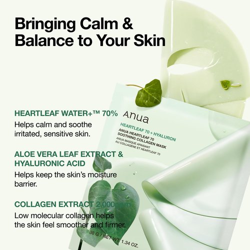 ANUA Heartleaf 70 Soothing Collagen Mask, Overnight Face Mask for Glass Skin, hyaluronic acid, Collagen, Soothing & hydration Facial Mask for Sensitive Skin, Natural Color, Korean Skin Care (38g, 4ea)