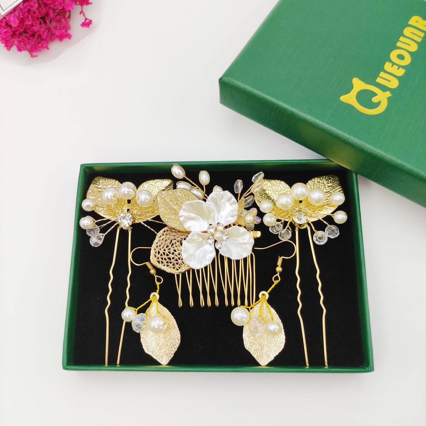 QUEOUNR Gold Wedding Hair Accessories, 5PCS Bridal Hair Combs Pins Set Decorative Hair Accessories with Earring Pearl Rhinestone Clips for Women Girls,H05