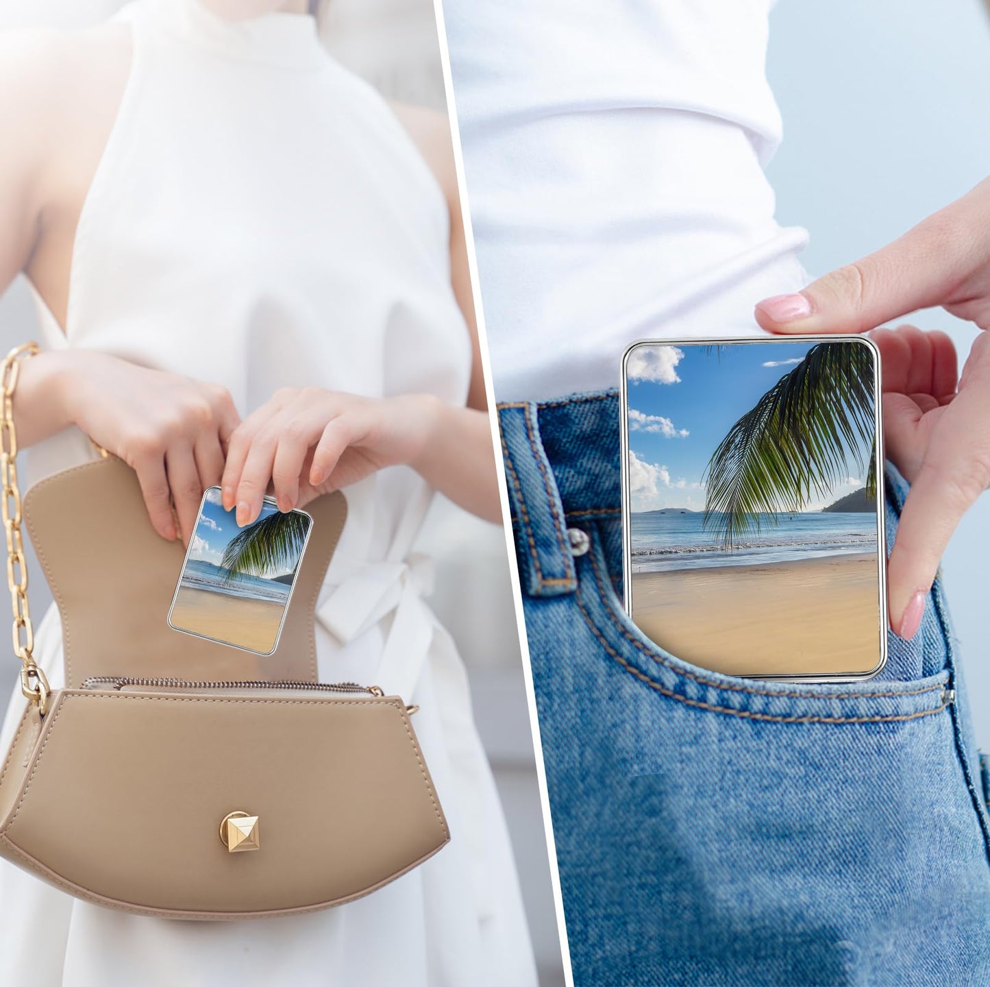 dcdcee Pocket Mirror, Small Travel Mirror with Magnification, Portable Double-Sided Magnifying Cosmetic Mirror for Daily (Beach)