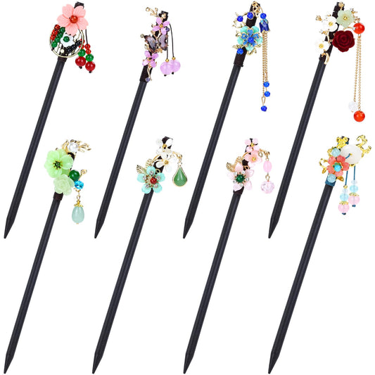 inSowni 8 Pieces Retro Asian Chinese Traditional Hanfu Flower Butterfly Wooden Hair Sticks Pins with Bead Pendants Hair Forks Chopsticks Bun Updo Holders for Women Girls