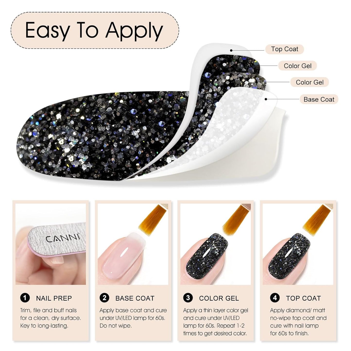 CANNI Glitter Gel Nail Polish - Black Diamond Glitter | 9ml Soak Off UV LED for DIY Nail Art & Manicure