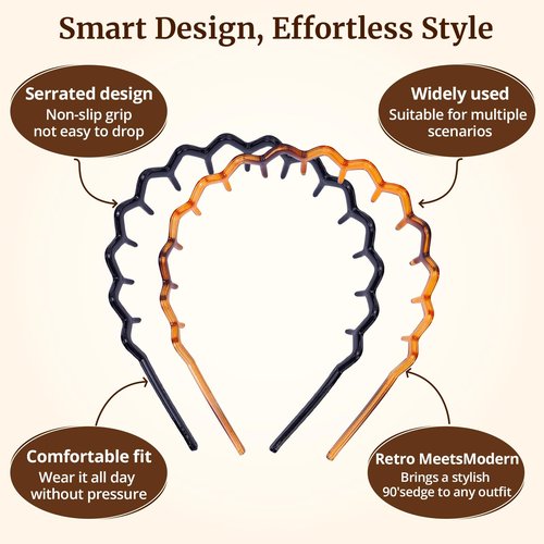 HFZRZFH Zig Zag Headbands for Women, Classic 90s Headband with Teeth, Non-Slip Plastic Comb Hair Band for Slicked Back Styles, Curly Hair and Everyday Face Washing Accessories, 2 Pack Black & Brown