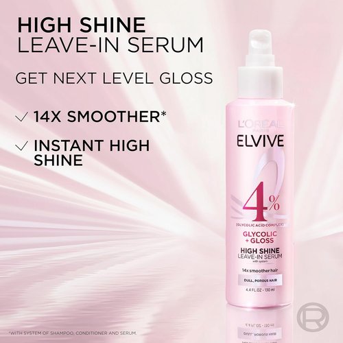 L'Oreal Paris Elvive Glycolic + Gloss Leave-In Hair Serum - Smooths Dull Hair for High Shine, 4.4 Fl Oz