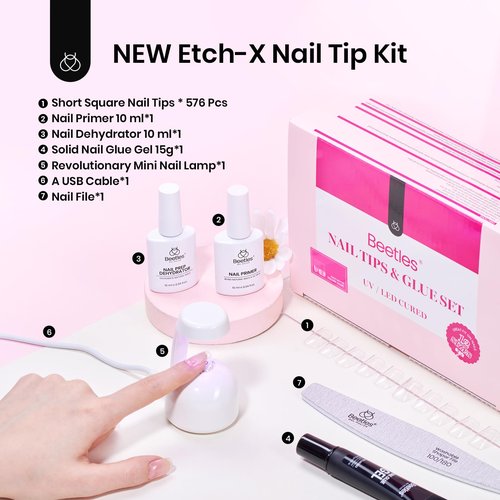 Beetles Gel Nail Kit Short Square with Nail Dehydrator and Primer, 576Pcs Half Matte Etch-X Gel Tips Solid Glue Mini Lamp Acrylic Tips Easy DIY Extension Set Gift for Women
