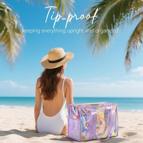 Bagstellar Iridescent Beach Tote Bag - Large Waterproof & Sandproof with Makeup Bag & Pouch | Adjustable Strap, Packable Travel Essential for Women