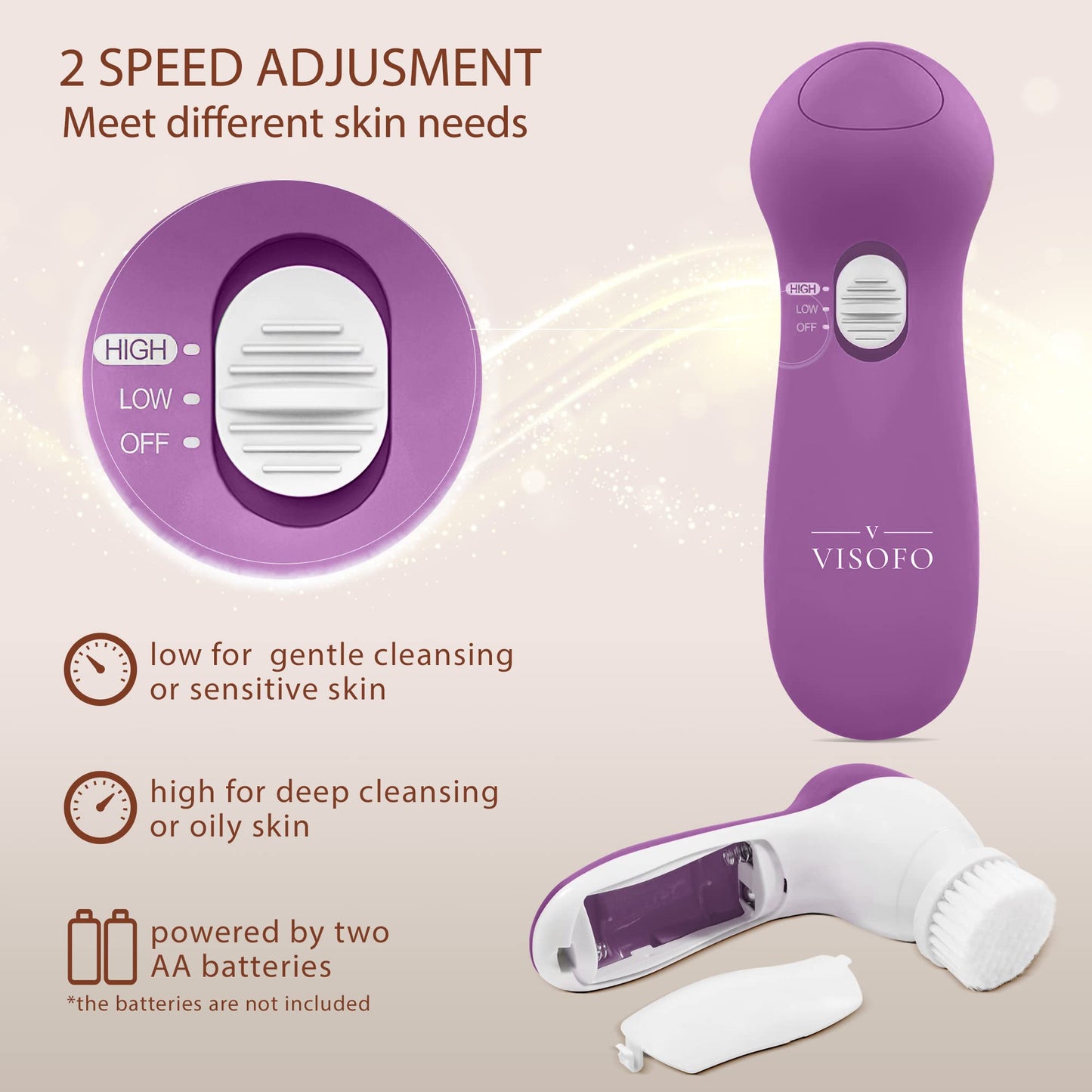 Facial Cleansing Brush Face Scrubber Exfoliating Cleaning Skin Care Cleanser Wash Women Girls Electric Beauty Products Powered Exfoliator Skincare Spin Tools Scrub Washer Self Care (Amethyst)