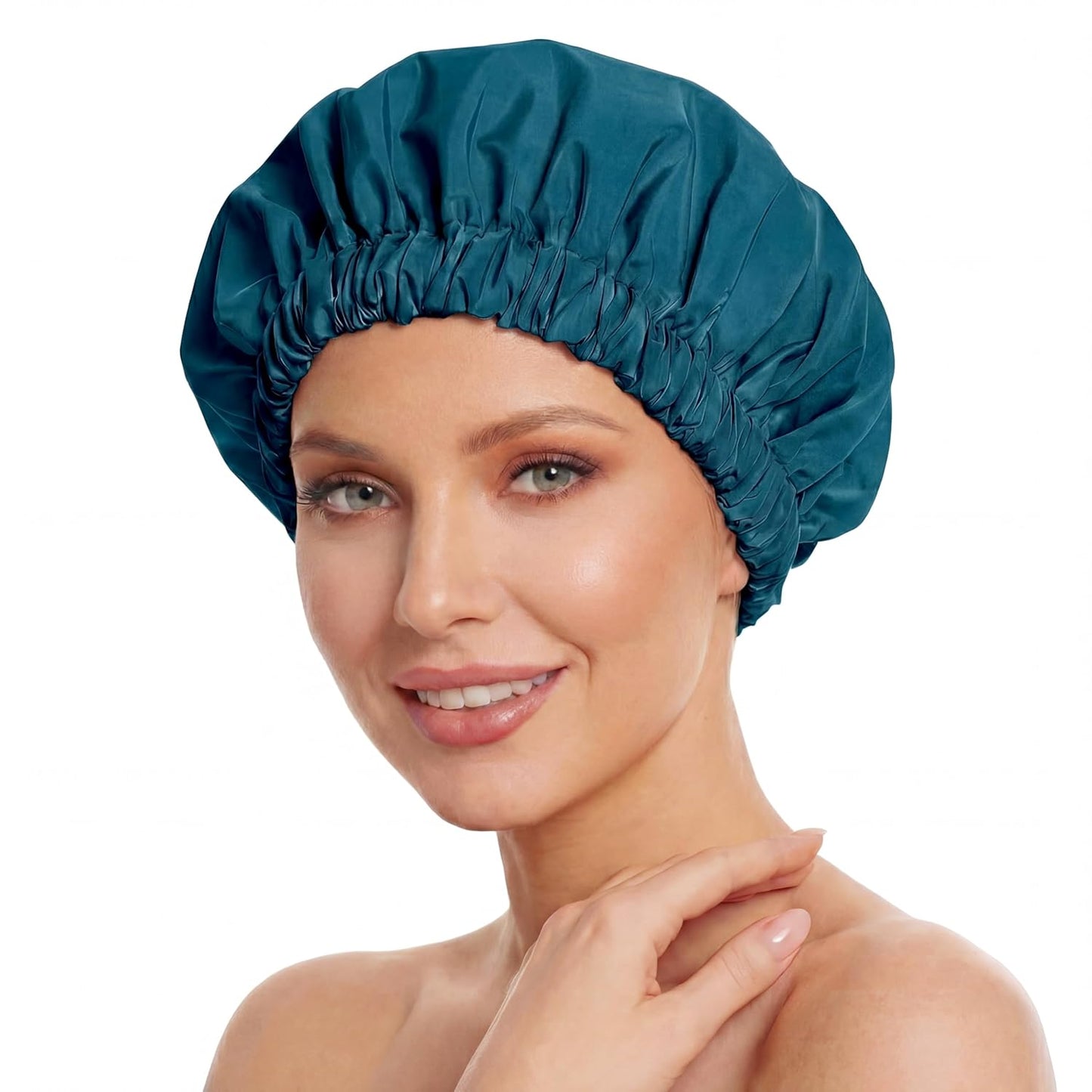 Skiennix Reusable Shower Cap - Stylish Waterproof Bonnet with Wide Elastic Band for Long Hair | Blue Zircon