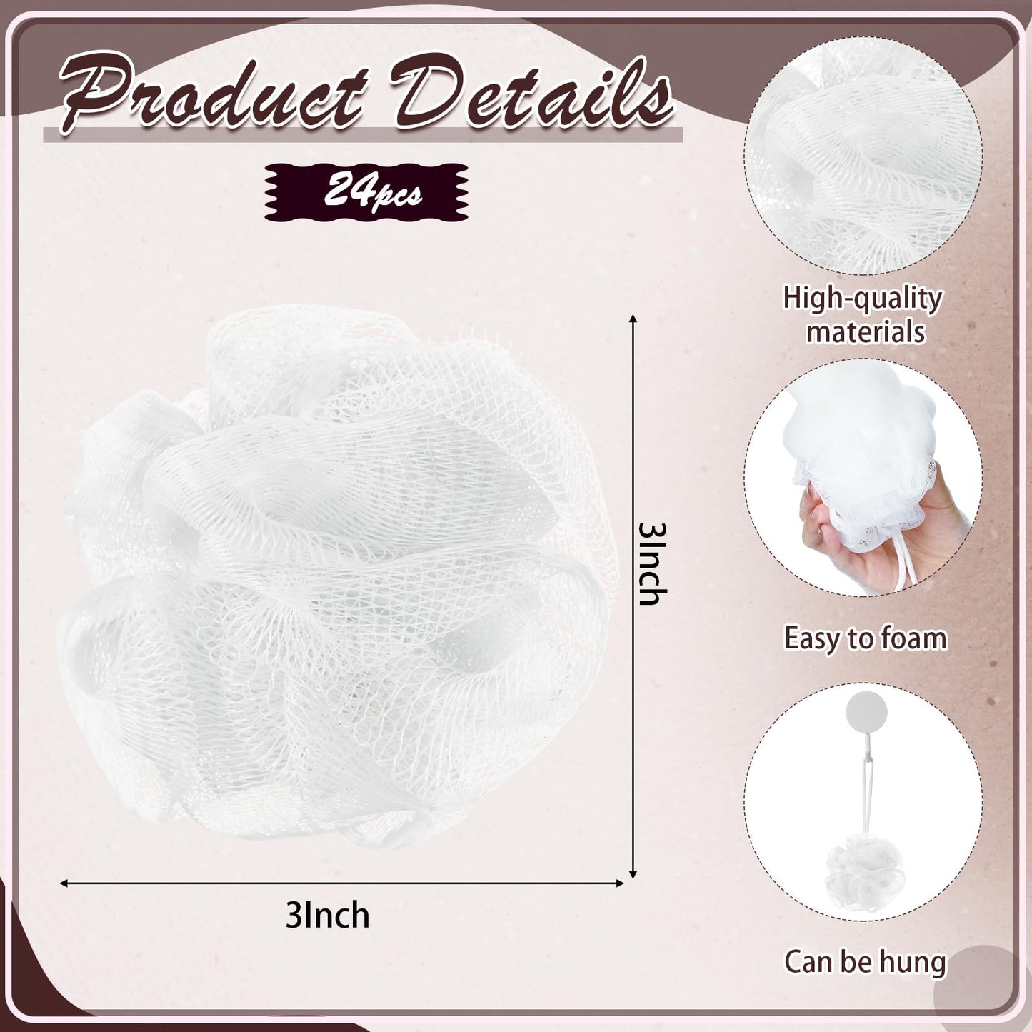 Shellwei 24 Pcs 3 Inch Mini Loofah Travel Size Bulk Shower Sponge Pouf Mesh for Women Kids Men Exfoliating Body Scrubber Baby Shower Favor(White)