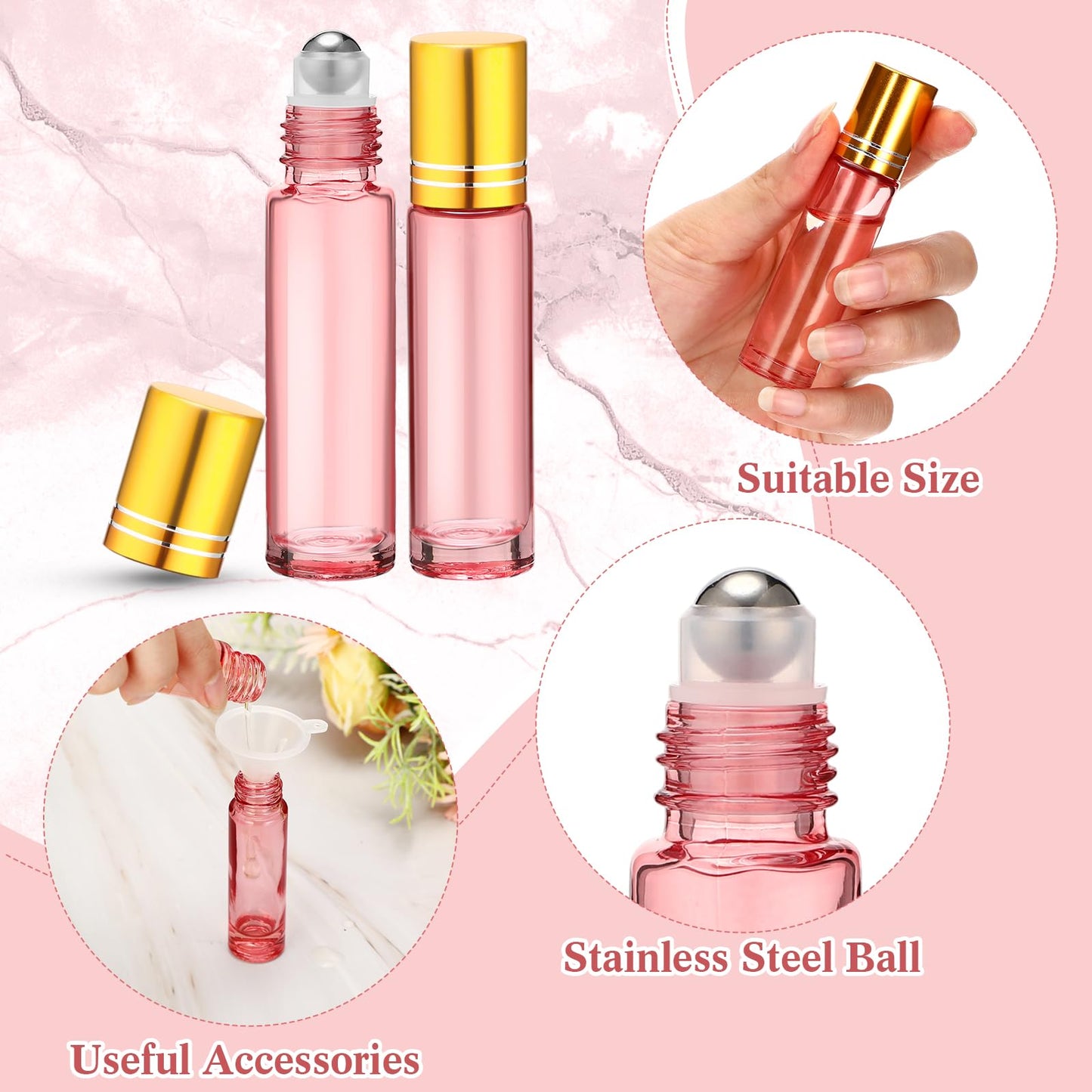 Sumind 150 Pcs Essential Oil Roller Bottles 10 ml Glass Empty Roll on Bottles with Stainless Steel Balls Leak Proof with 5 Funnel for Travel Essential Oil(Pink)