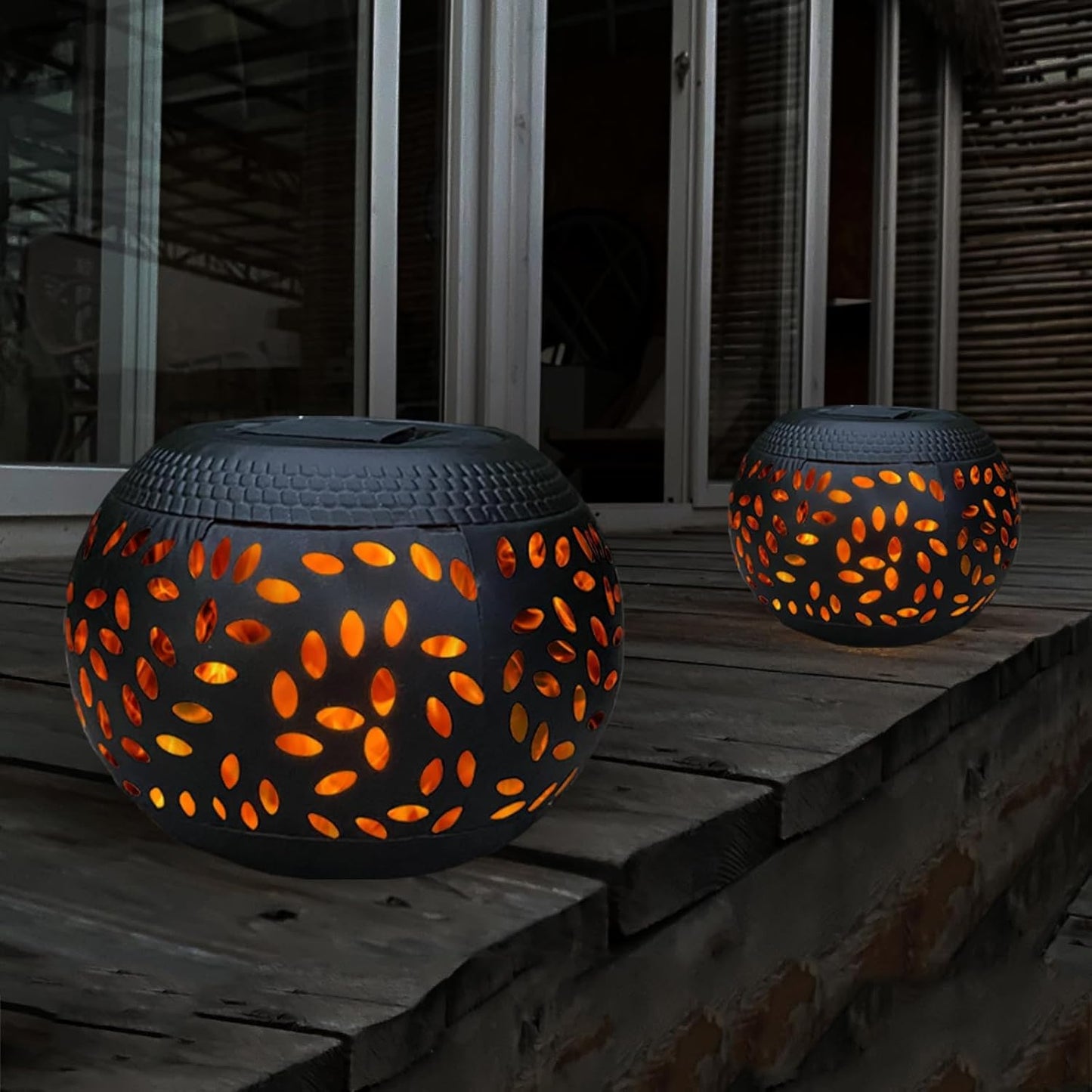 Skiennix Solar Table Lights - Waterproof 2-Pack Flickering Flame Lamps | Black Metal Decorative Lanterns for Outdoor Use