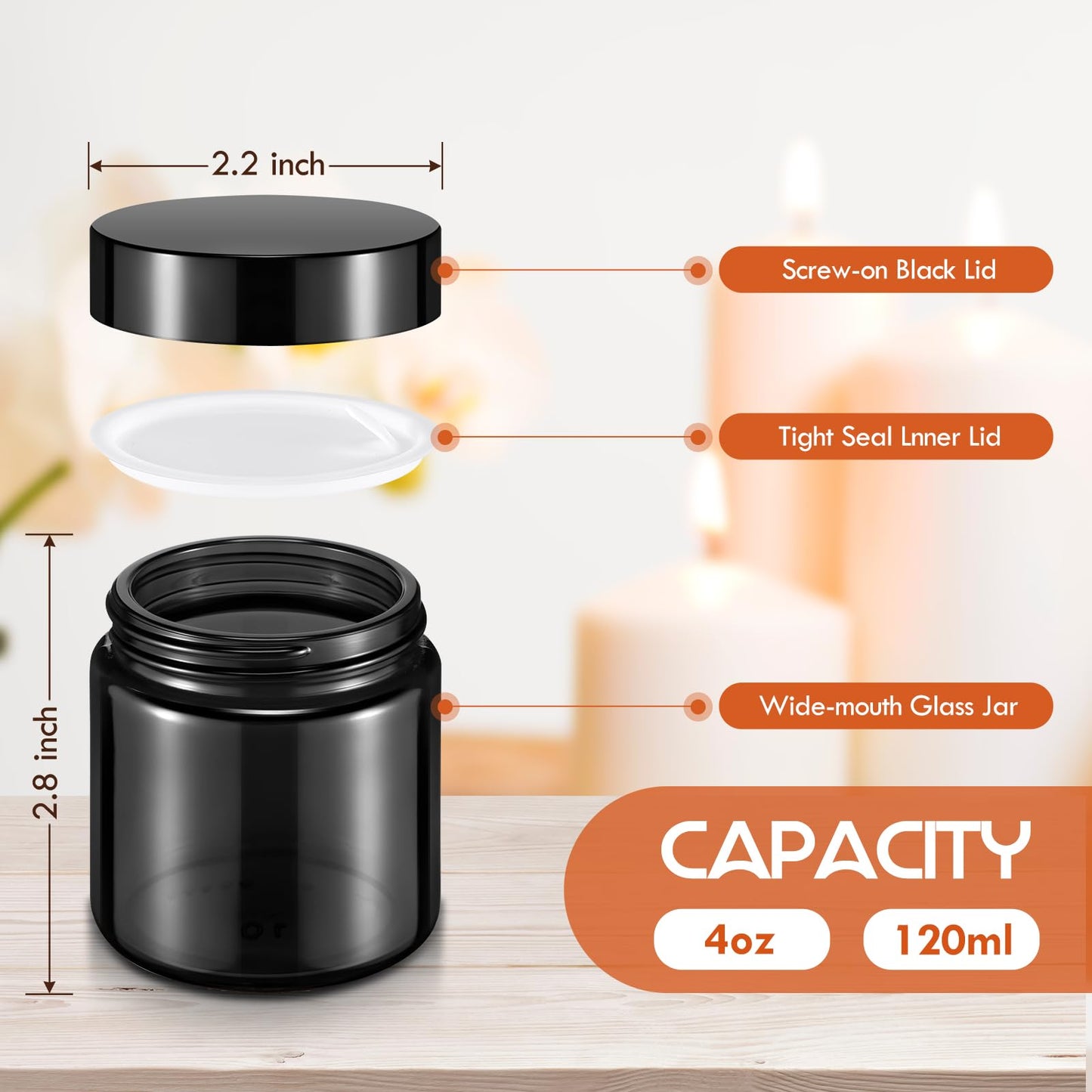 Norme 24 Pcs 4 oz Glass Jars with Lids Leakproof Round Airtight Empty Cosmetic Jars with Inner Liners Lid for Storing Lotions Powder Ointments Candle Making (Black)