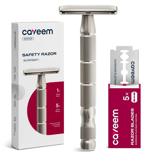 CAVEEM Double-Edge Safety Razor - Reusable Metal Razor with 5 Stainless Steel Blades | Silver Matte Finish
