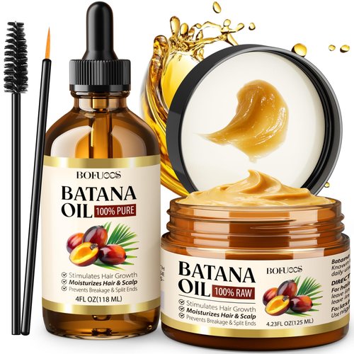 Raw Batana Oil for Hair Growth, 100% Natural Pure Botana Oil for Thick and Strong Natural Hair, Nourishes Damaged Hair, Edges & Eyebrows (Raw Batana oil 4oz, 4.2oz Paste, Lash Wand & Brow Brush)