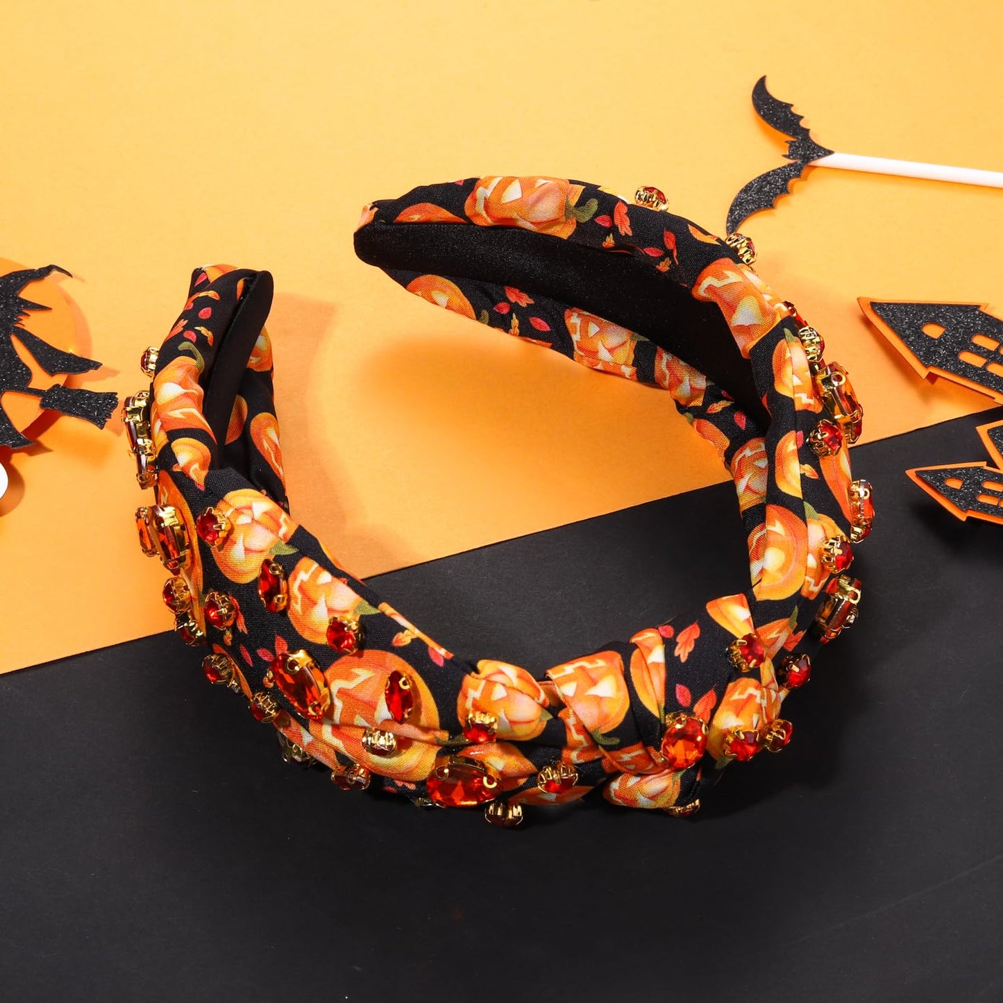 Halloween Headband Crystal Knotted Headband for Women Pumpkin Rhinestone Jeweled Embellished Print Wide Top Knot Hairband Halloween Costume Party Hair Accessory