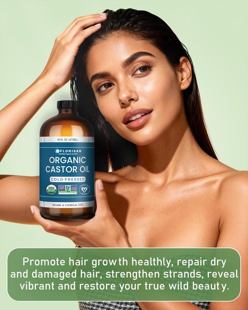 Florisan Organic Castor Oil 16oz Glass Bottle, Cold Pressed, Hexane-Free, Non-GMO, 100% Pure Castor Oil for Hair Growth, Skin, Lashes, Eyebrows, EWG Verified & USDA Organic Certified